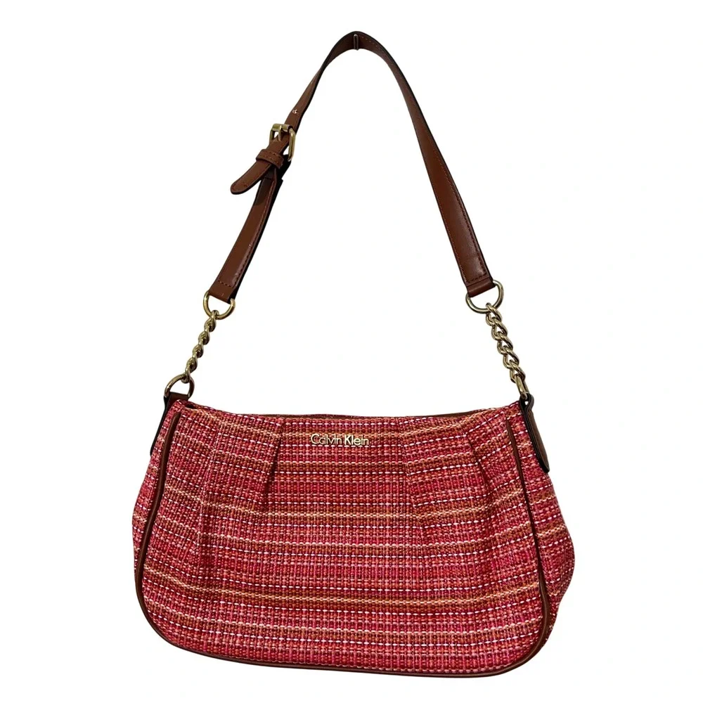 Calvin Klein Pink Woven Tweed Shoulder Bag Gold Chain Accent Preppy Designer